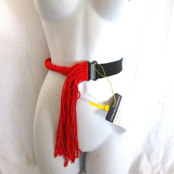 NWT LUISA VIA ROMA Luxury Braid Rope BELT BLACK Red Fringe Tassel - Picture 1 of 5